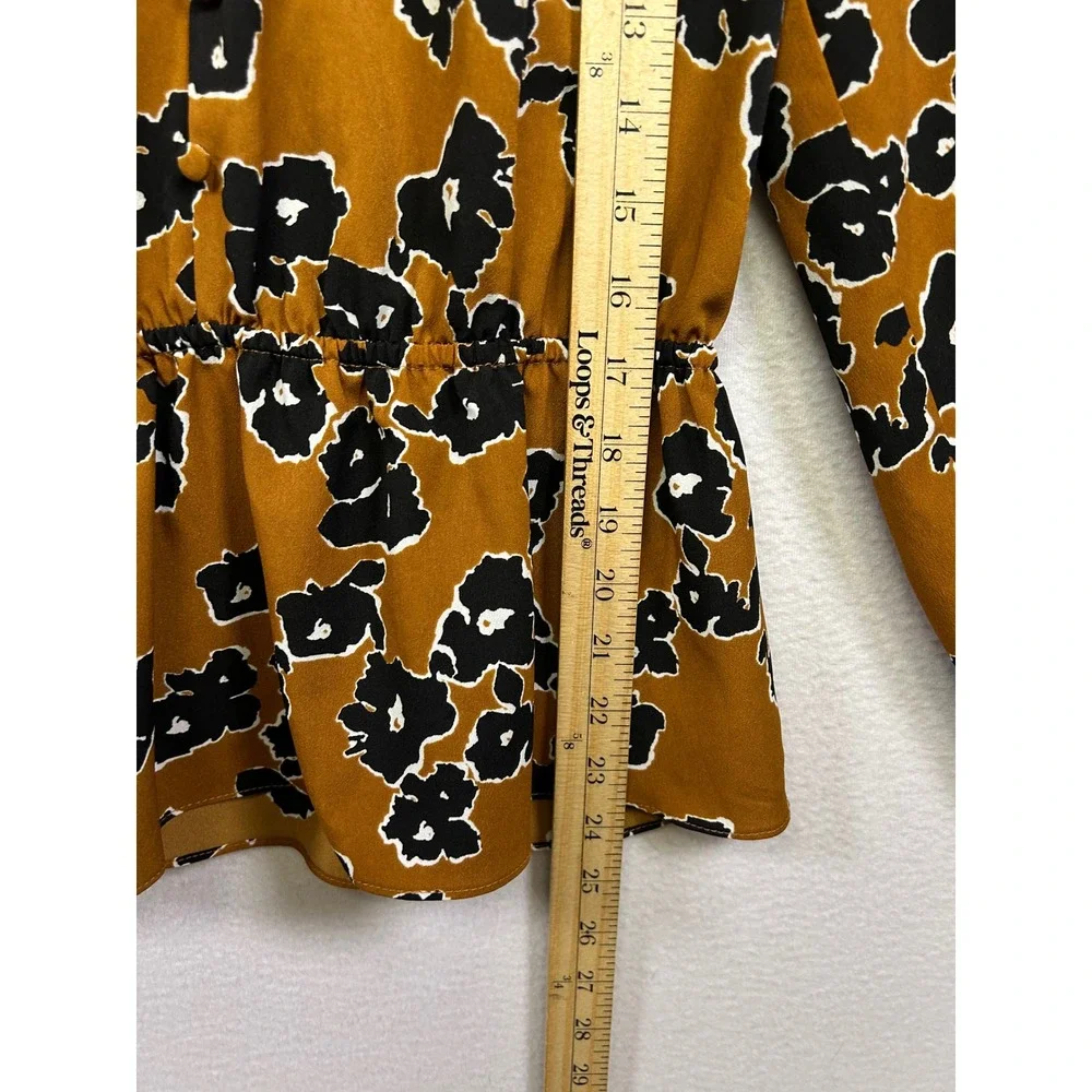 Nine West Floral Peplum Mustard Yellow Womens Medium Long Sleeve V-Neck Blouse